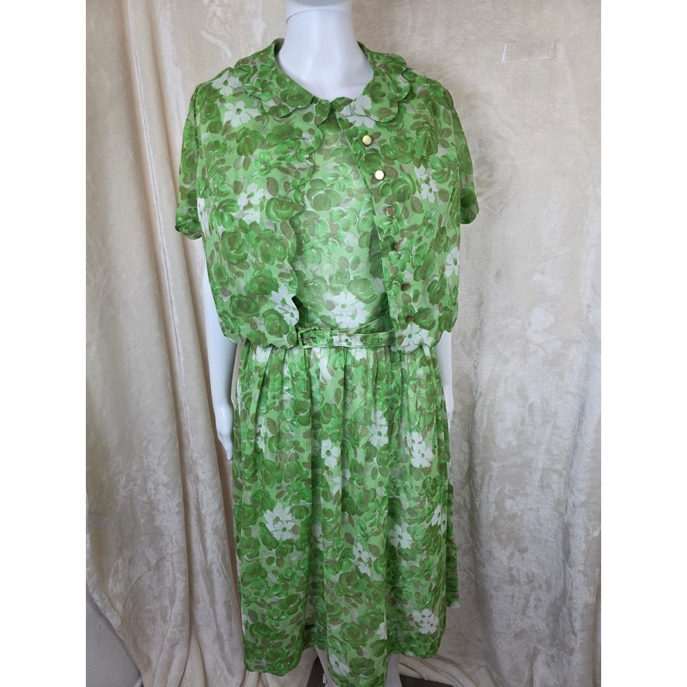 1960's Vintage Carol Brent Floral Sheer Dress Set‎ Scalloped Jacket 2 Piece